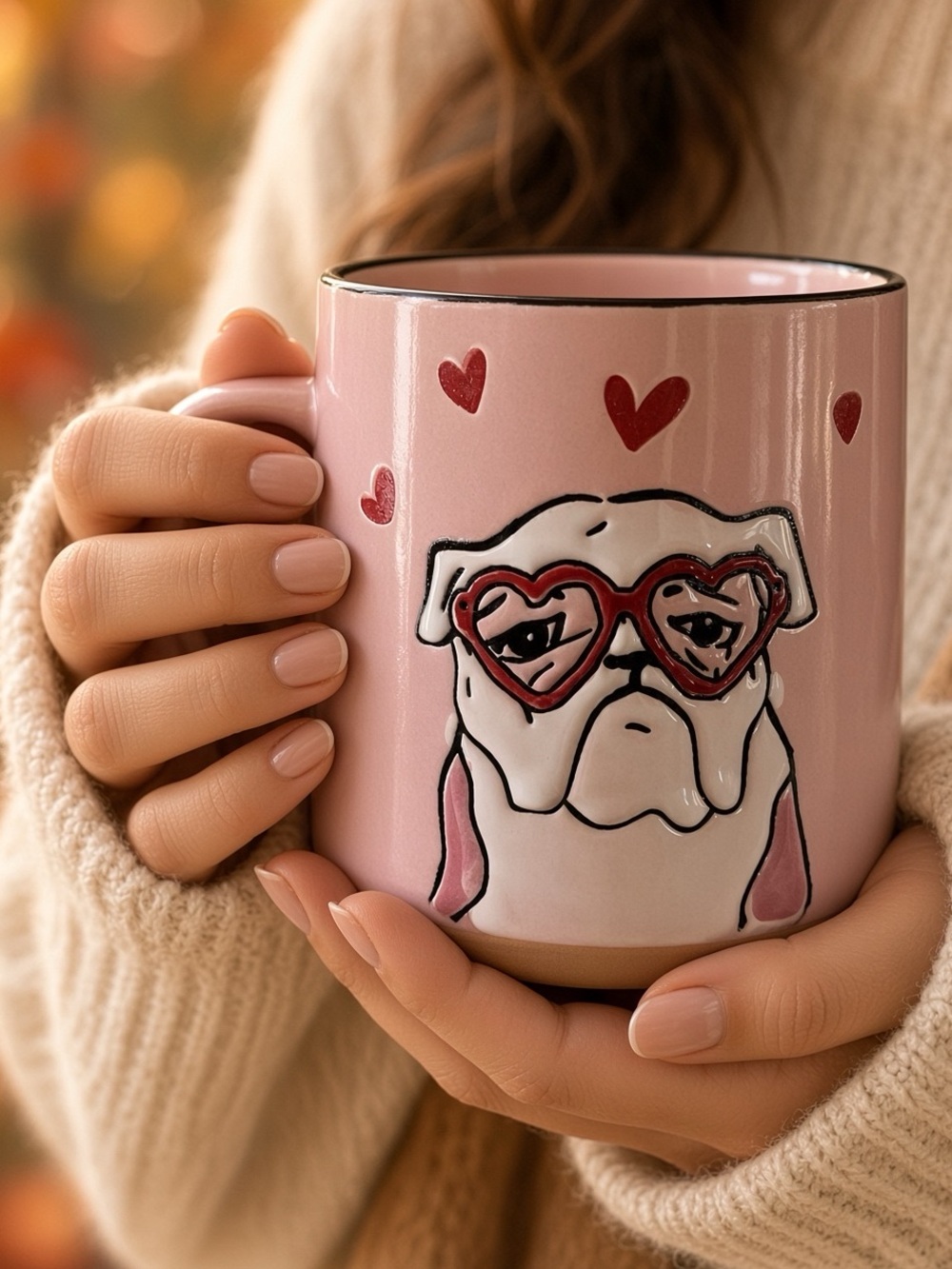 Spectrum Designz Pink Bulldog Mug Heart Glasses Valentine Red Inside